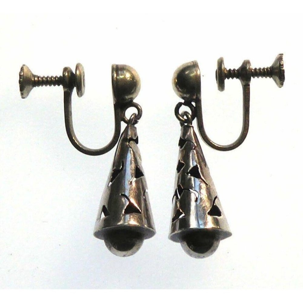 Older Vintage Mexican Silver Cut Out Earrings Signed AC In A Circle